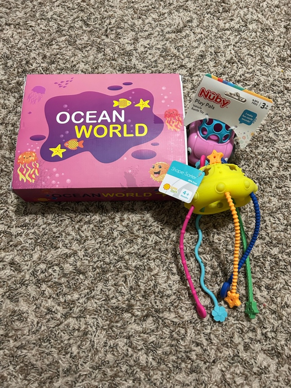 Baby Toddler Toys Lot of 3 - Ocean World, Montessori, Shape Sorter, Nuby Rattle